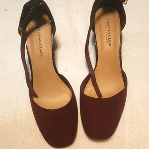 Size 12 ankle strap burgandy faux suede and faux reptile print pump.